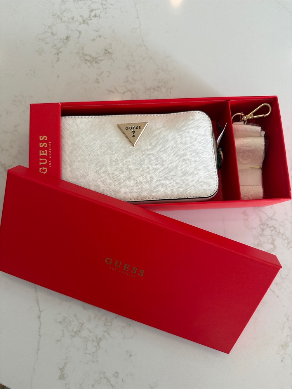 Guess White La Rosa Mini Crossbody with Gold Logo and White Strap